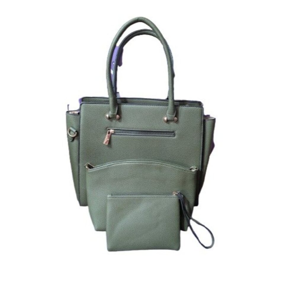 3-Piece Olive Green Tote Bag Purse Makeup Bag & Wristlet Set By Bella Rose NWOT - Picture 3 of 4